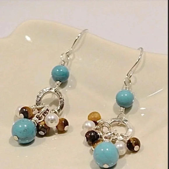 Turquoise Earrings, Tiger Eye, Turquoise, Pearl, Wedding Jewelry,Western Wedding - Picture 2 of 3